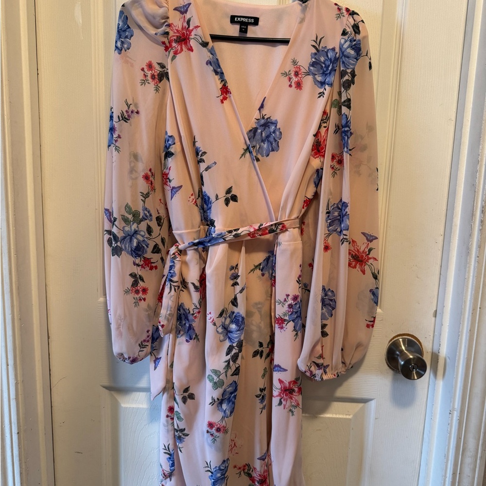 Express Long Sleeve Floral Dress - Cream and Blue
